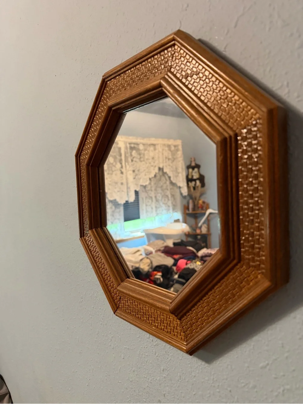Octagonal Wood-Tone Wall Mirror - Brown